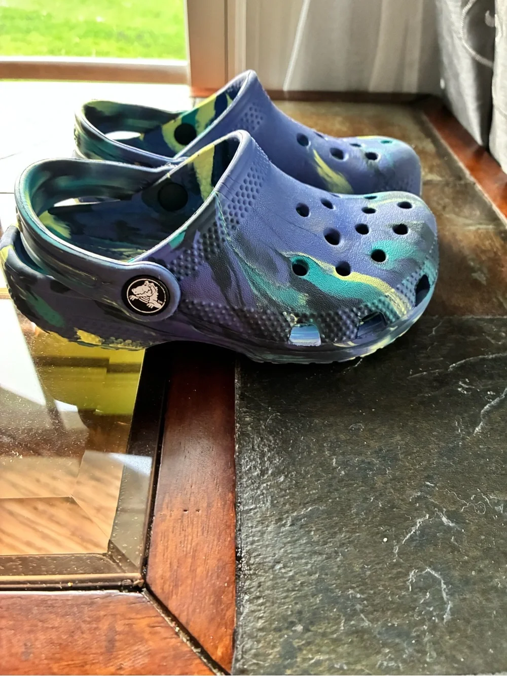 CROCS Kids Slip-On Clogs in Blue with Green and Yellow Swirl